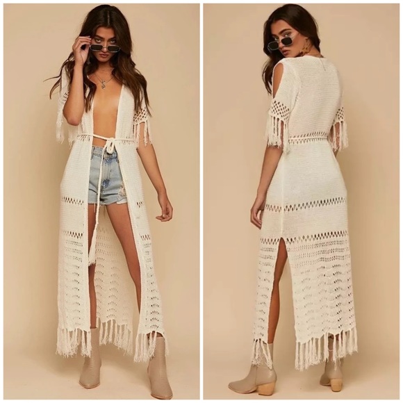 Sweaters - SOLD OUT Ivory Crochet Boho Long Duster Knit Sweater Wrap